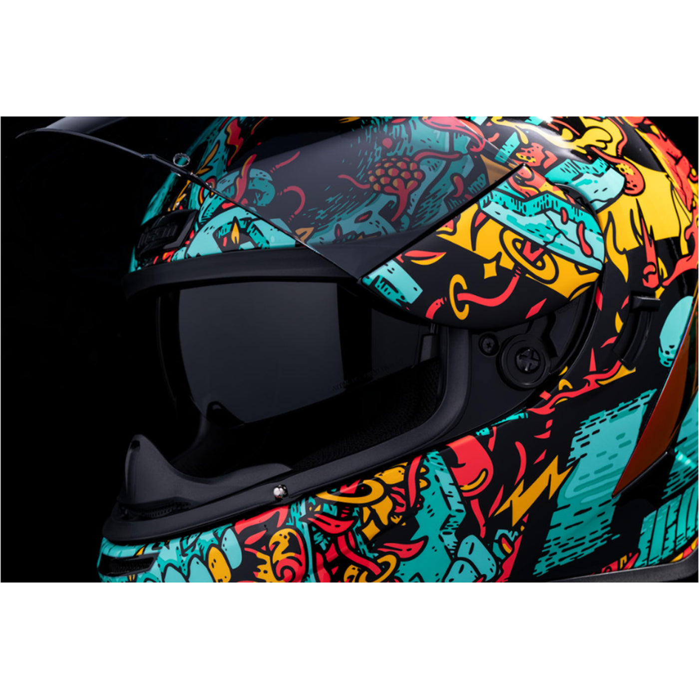 ICON Airform Munchies MIPS Helmet Blue - Close-Up of Viewport with Faceshield Raised and Drop Down Sun Visor Lowered