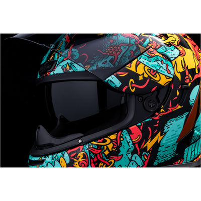 ICON Airform Munchies MIPS Helmet Blue - Close-Up of Viewport with Faceshield Raised and Drop Down Sun Visor Lowered