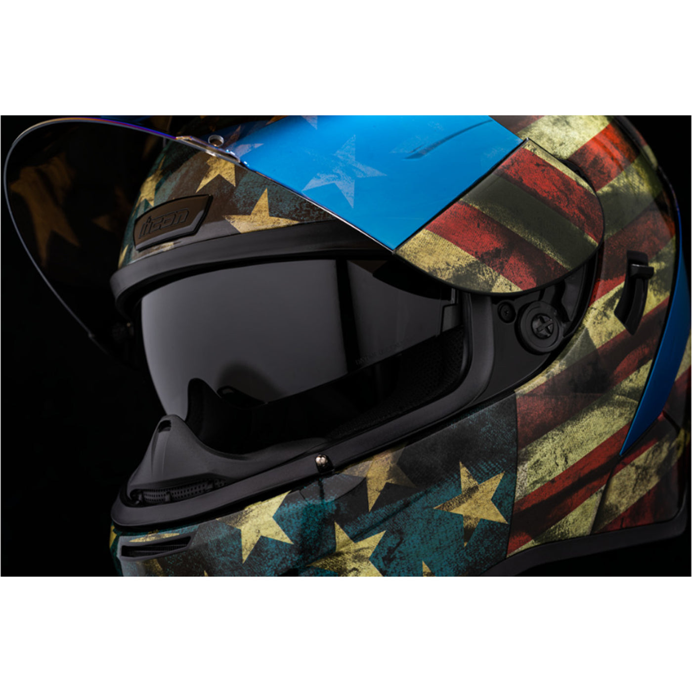 ICON Airform Old Glory Helmet - Close-Up of Viewport with Faceshield Raised and Drop Down Sun Visor Lowered