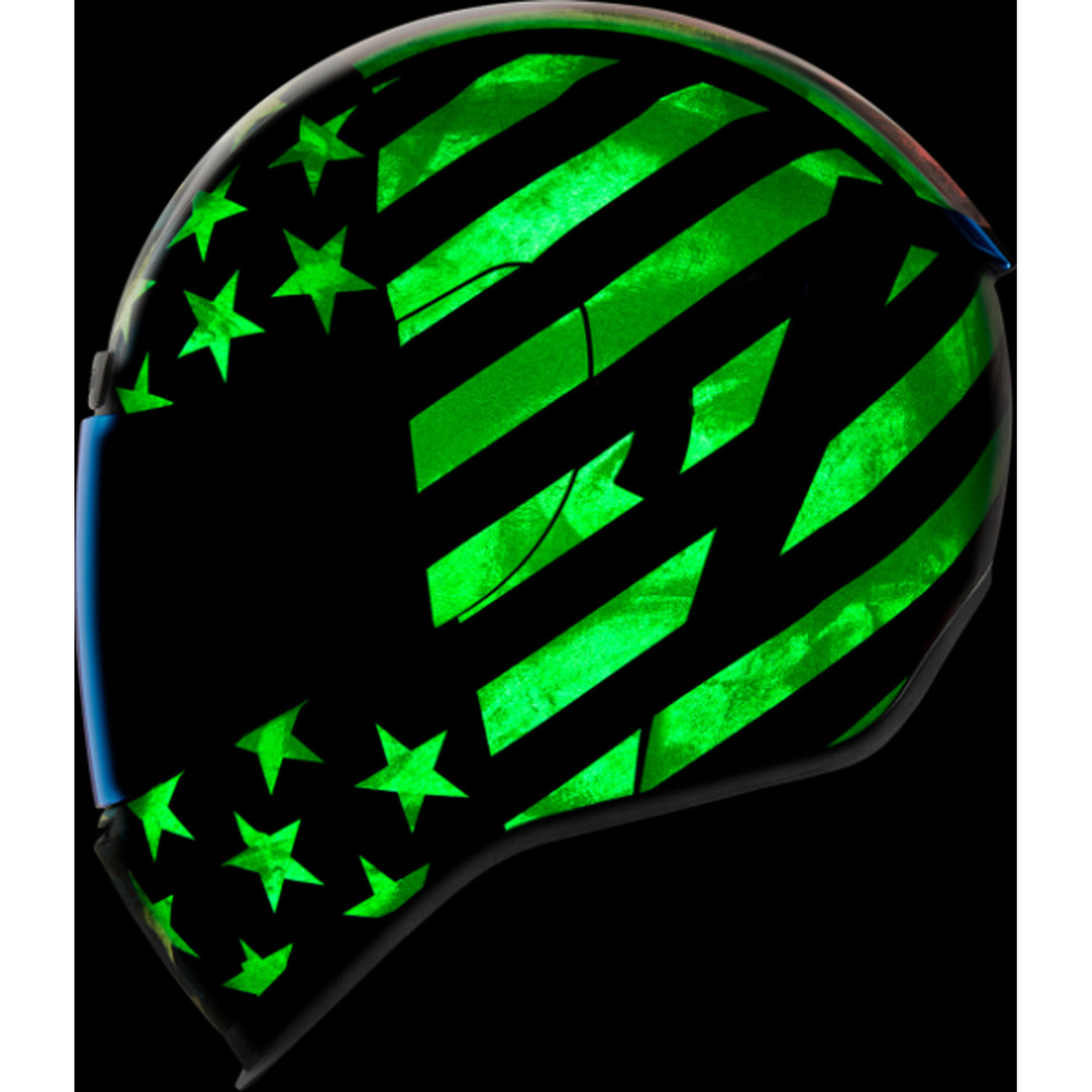 ICON Airform Old Glory Helmet - Left Side View with Dark Studio Background and Glow-in-the-Dark Graphics