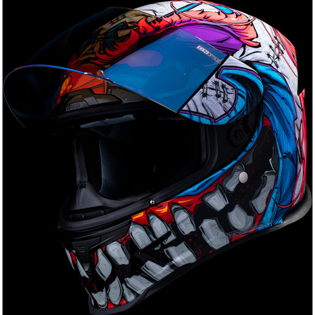 ICON Airframe Pro Krazy Klown 2 Helmet Pink - Front Left Side View with Dark Studio Background and Faceshield Raised