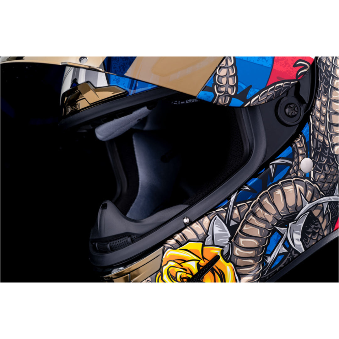 ICON Airframe Pro Tejas Libre Helmet Glory - Close-Up of Viewport with Faceshield Raised