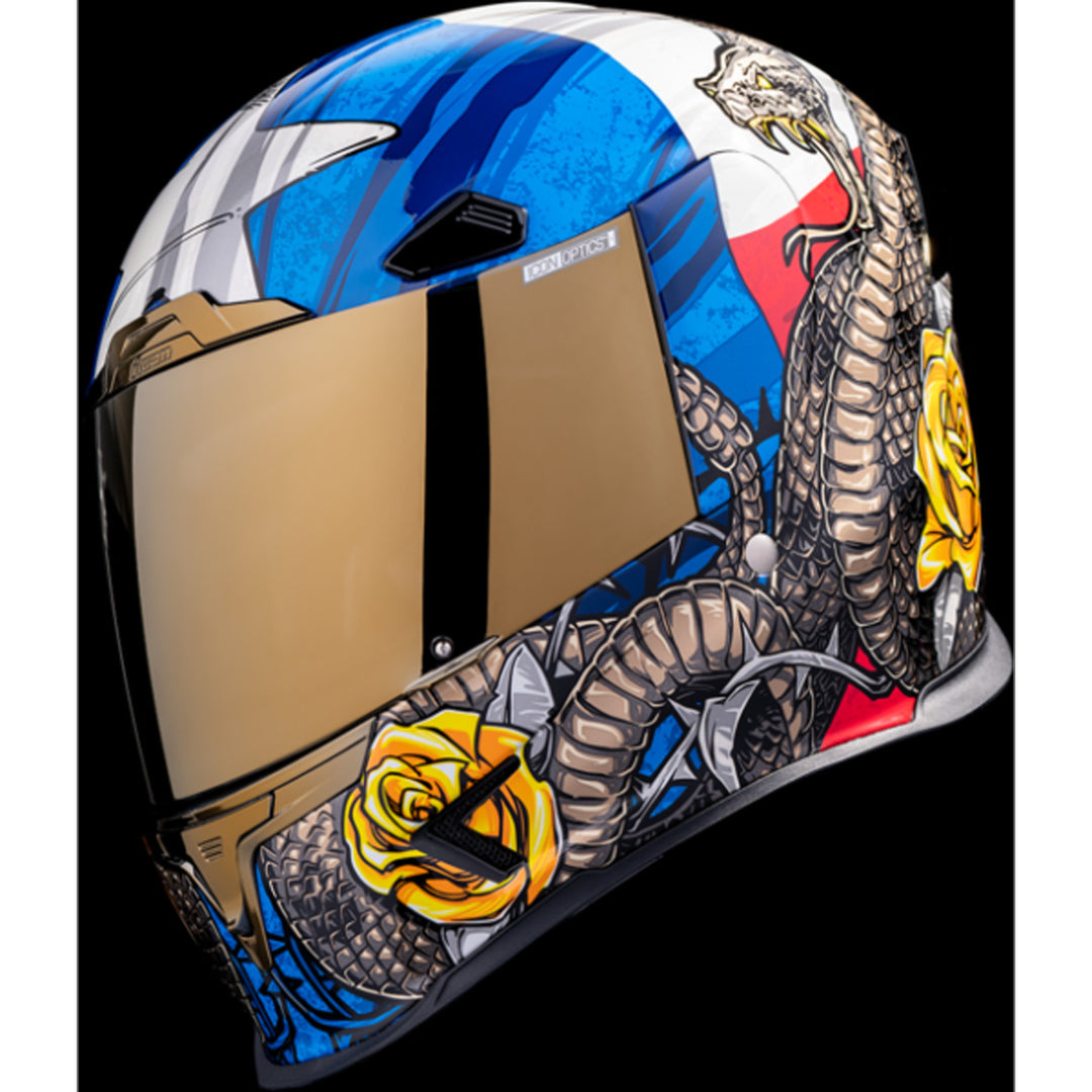 ICON Airframe Pro Tejas Libre Helmet Glory - Front Left Side View with Dark Studio Background