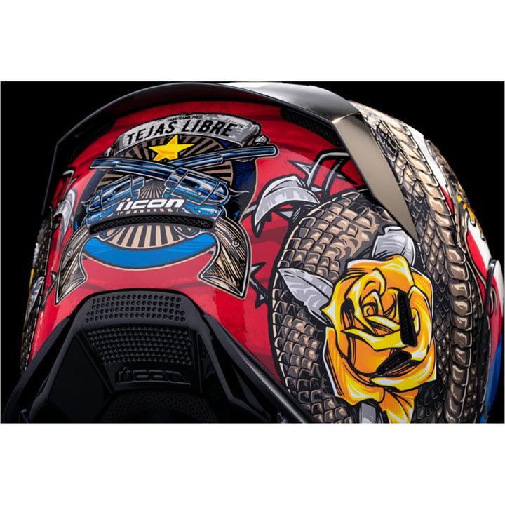 ICON Airframe Pro Tejas Libre Helmet Glory - Close-Up of Rear Right Side Details