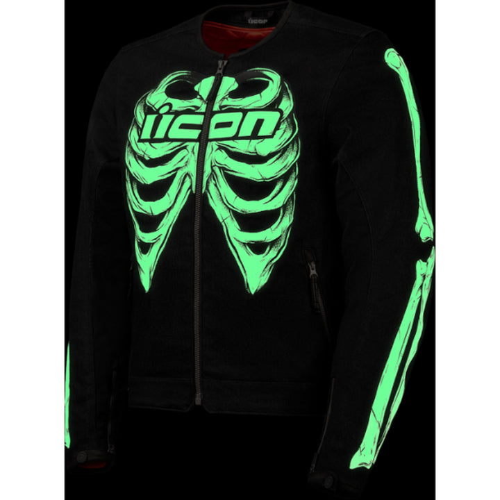ICON Crestfallen Jacket Black - Front View with Glow-in-the-Dark Graphics