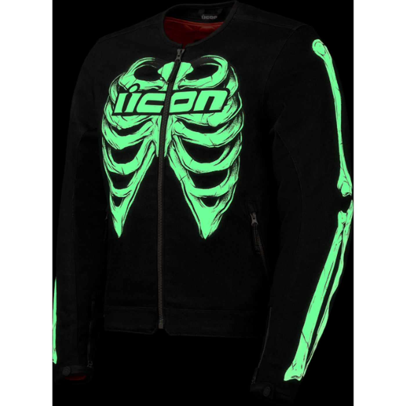 ICON Crestfallen Jacket Black - Front View with Glow-in-the-Dark Graphics