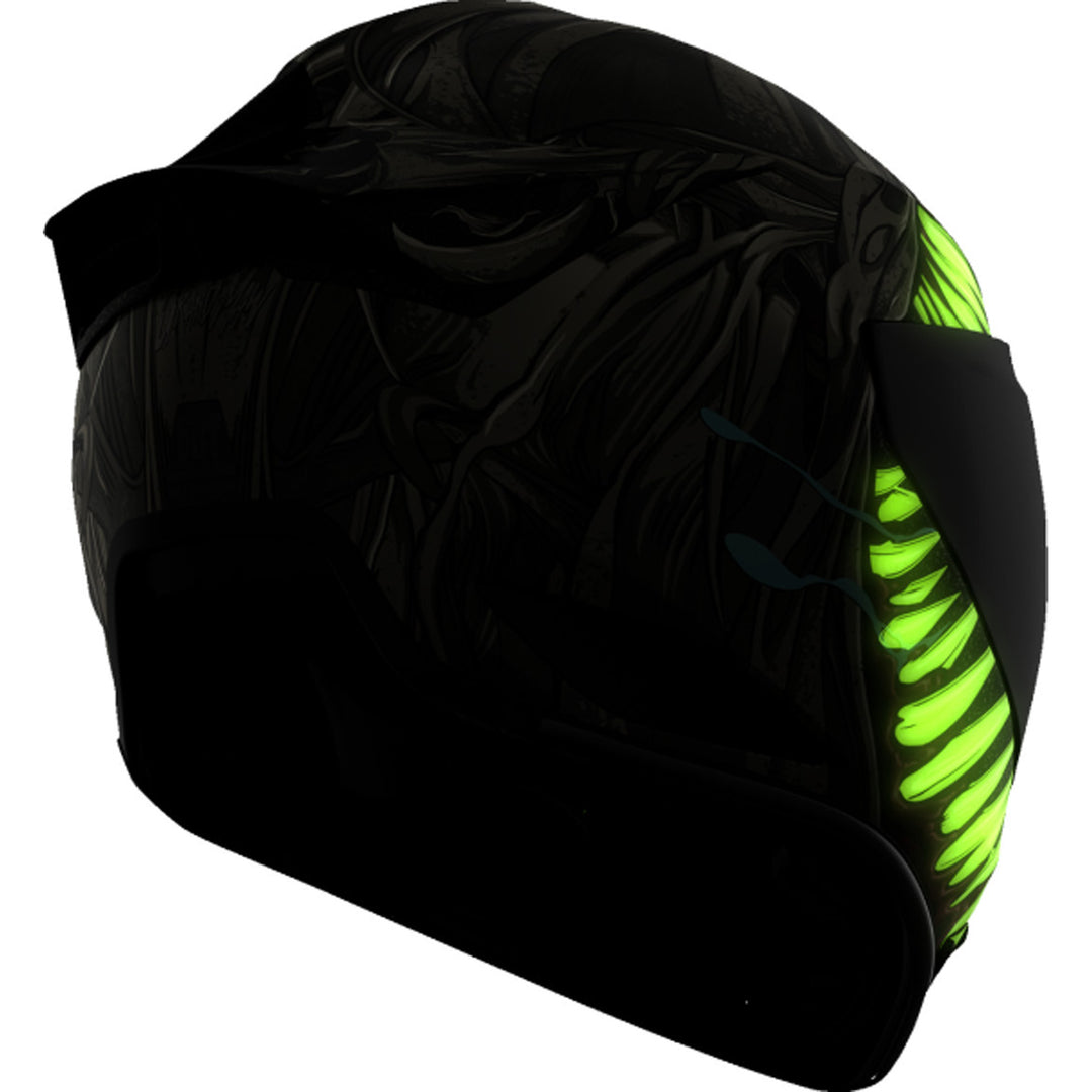 ICON Domain Grand Maw Helmet Gray - Rear Right Side View with Glow-in-the-Dark Graphics