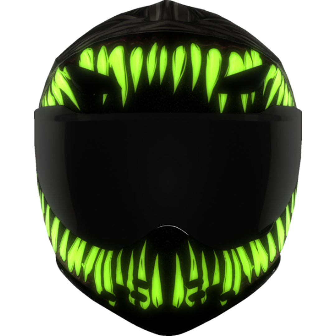 ICON Domain Grand Maw Helmet Gray - Front View with Glow-in-the-Dark Graphics