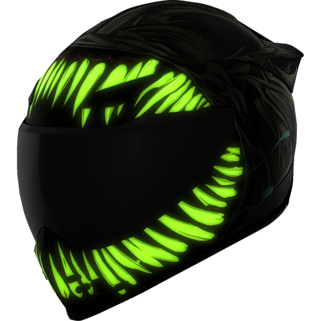 ICON Domain Grand Maw Helmet Gray - Front Left Side View with Glow-in-the-Dark Graphics