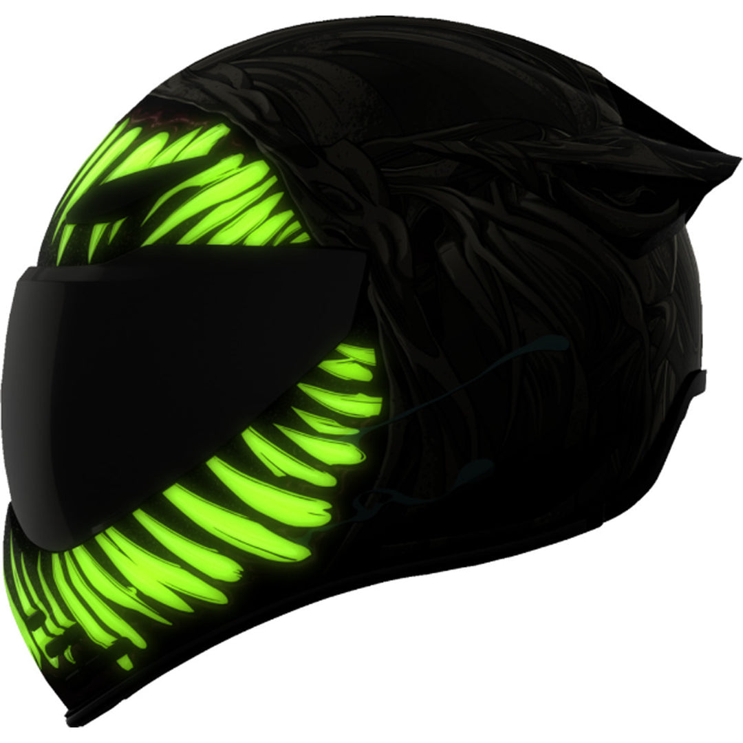 ICON Domain Grand Maw Helmet Gray - Left Side View with Glow-in-the-Dark Graphics