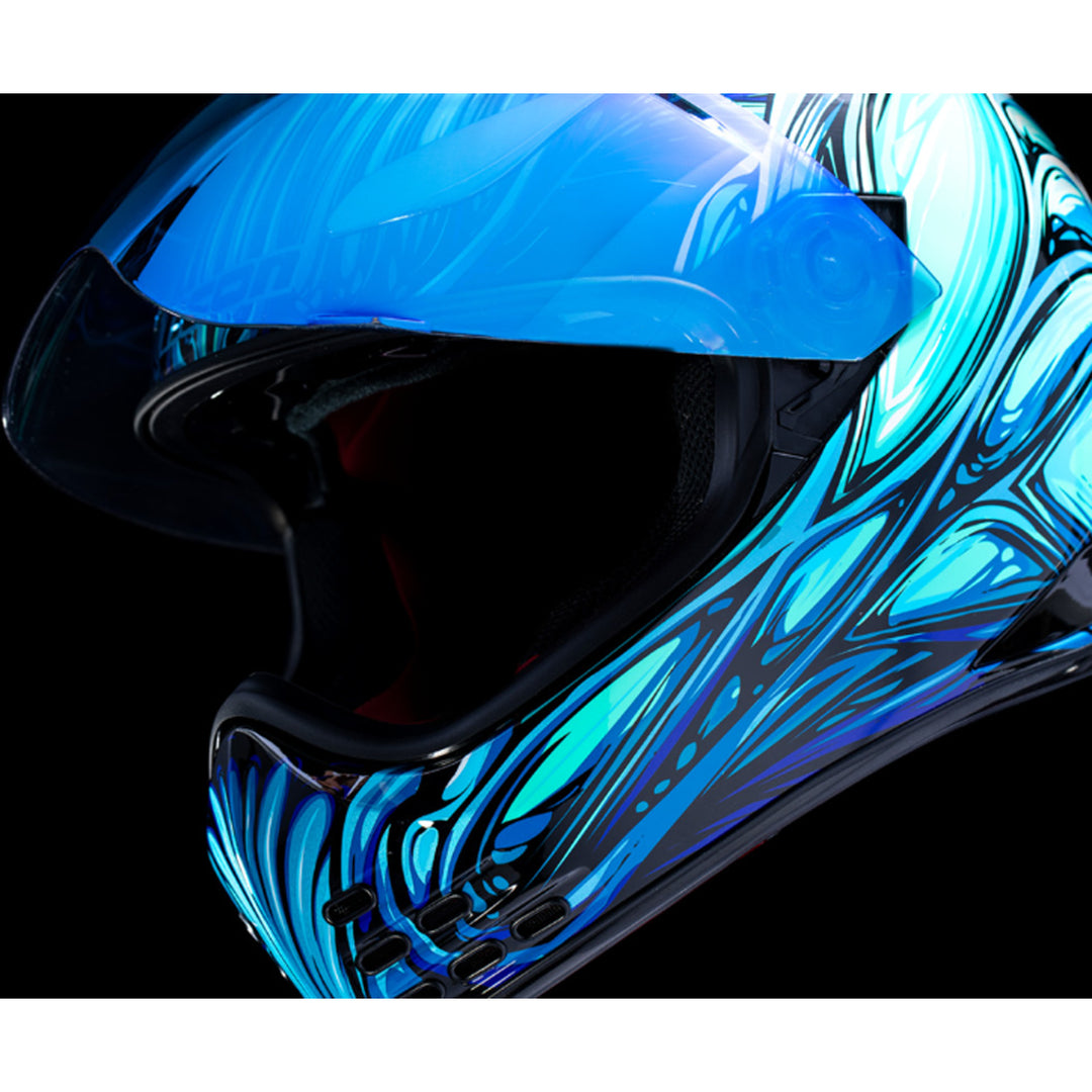 ICON Domain Nouveau Helmet Blue - Front Left View with Faceshield Open