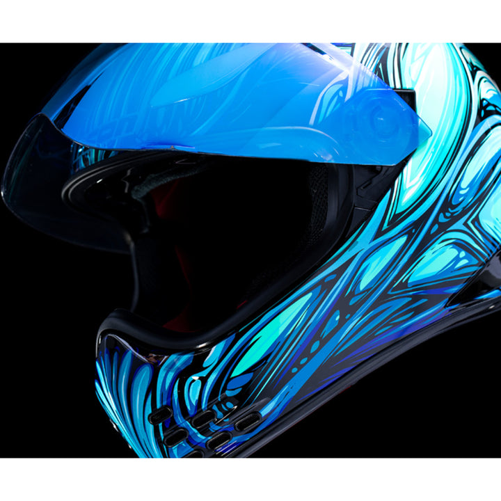 ICON Domain Nouveau Helmet Blue - Front Left View with Faceshield Open