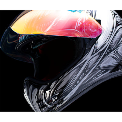 ICON Domain Nouveau Helmet Silver - Angled Front Left View with Faceshield Open