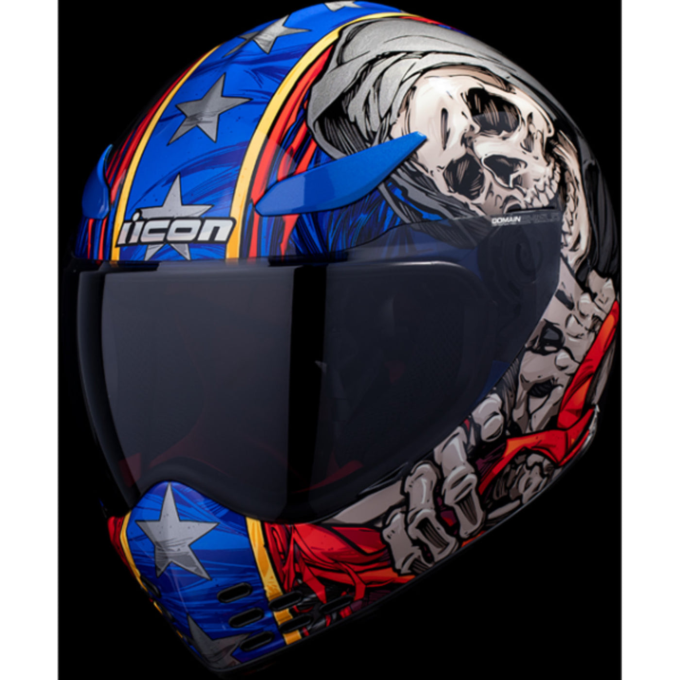 ICON Domain Revere Helmet Glory - Front Left Side View with Dark Studio Background