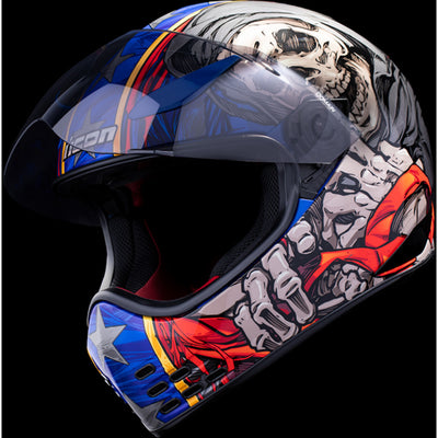 ICON Domain Revere Helmet Glory - Front Left Side View with Dark Studio Background and Faceshield Raised