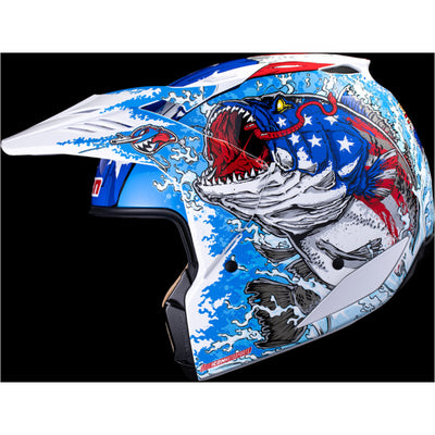 ICON Elsinore American Basstard Helmet Blue - Left Side View with Dark Studio Background and Chin Bar with Faceshield Removed