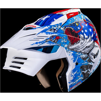 ICON Elsinore American Basstard Helmet Blue - Front Left Side View with Dark Studio Background and Chin Bar Raised