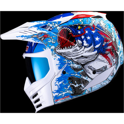 ICON Elsinore American Basstard Helmet Blue - Left Side View with Dark Studio Background