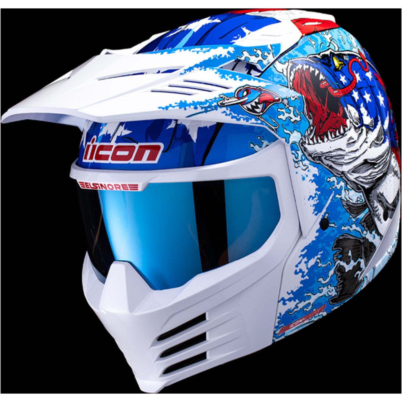 ICON Elsinore American Basstard Helmet Blue - Front Left Side View with Dark Studio Background