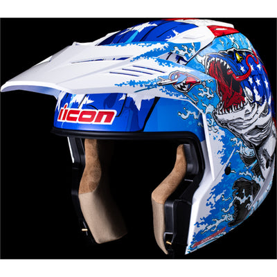 ICON Elsinore American Basstard Helmet Blue - Front Left Side View with Dark Studio Background and Chin Bar with Faceshield Removed