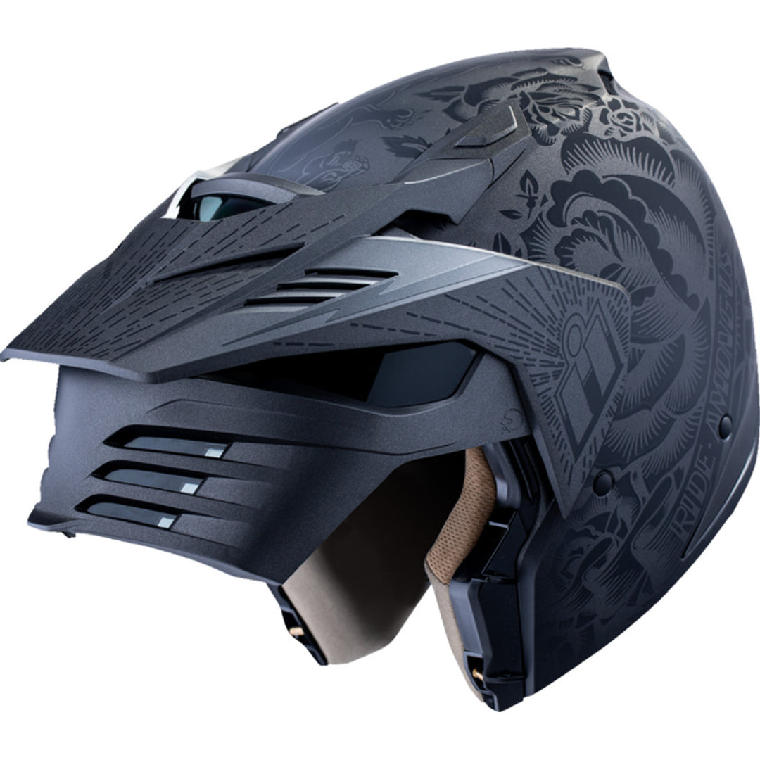 ICON Elsinore Darkgard Helmet Black - Angled Top Front View with Chin Bar Raised