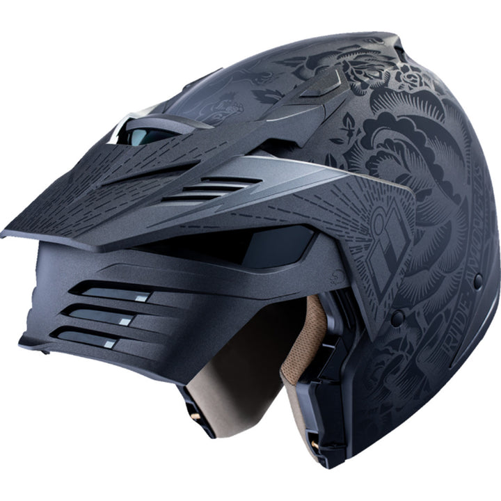 ICON Elsinore Darkgard Helmet Black - Angled Top Front View with Chin Bar Raised