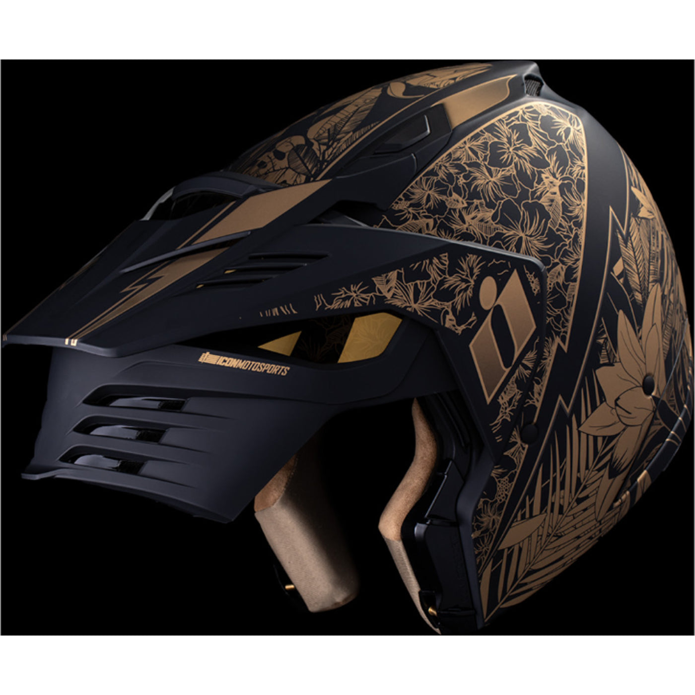 ICON Elsinore Kaonohi Helmet Black - Front Left Side View with Dark Studio Background and Chin Bar Raised