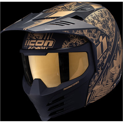 ICON Elsinore Kaonohi Helmet Black - Front Left Side View with Dark Studio Background