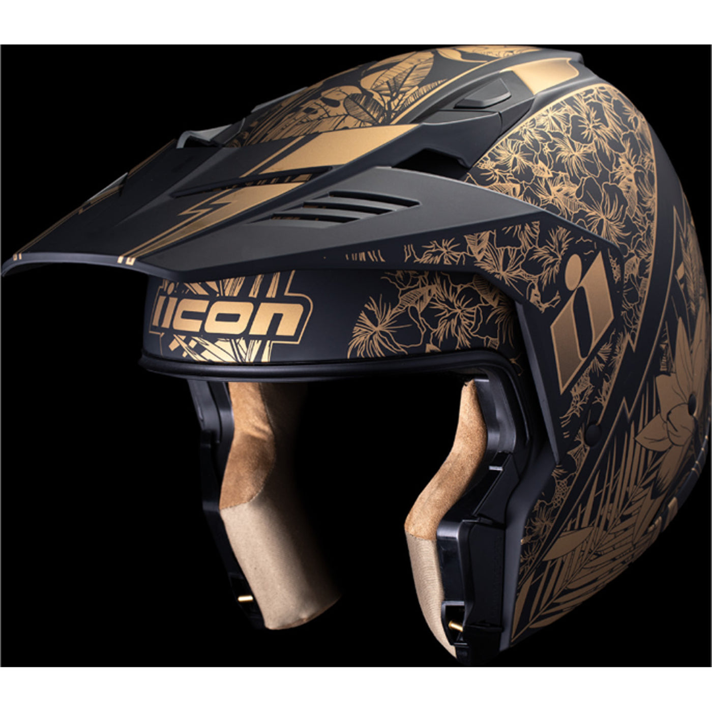 ICON Elsinore Kaonohi Helmet Black - Front Left Side View with Dark Studio Background and Chin Bar with Faceshield Removed