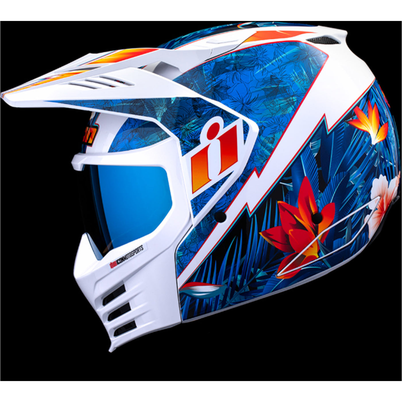 ICON Elsinore Kaonohi Helmet Blue - Left Side View with Dark Studio Background