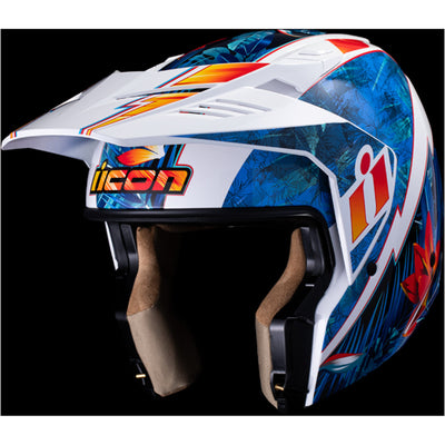 ICON Elsinore Kaonohi Helmet Blue - Front Left Side View with Dark Studio Background and Chin Bar with Faceshield Removed