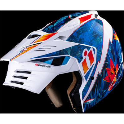 ICON Elsinore Kaonohi Helmet Blue - Front Left Side View with Dark Studio Background and Chin Bar Raised