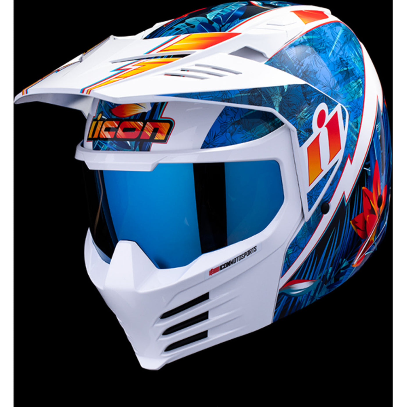 ICON Elsinore Kaonohi Helmet Blue - Front Left Side View with Dark Studio Background