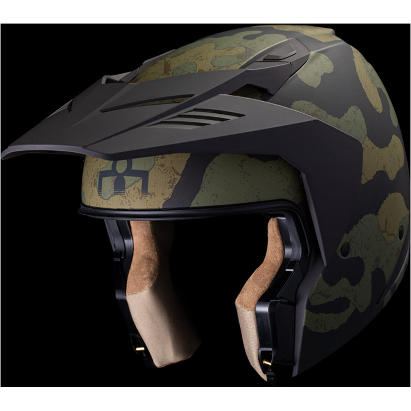 ICON Elsinore Magnacross Helmet Green - Front Left Side View with Dark Studio Background and Chin Bar with Faceshield Removed