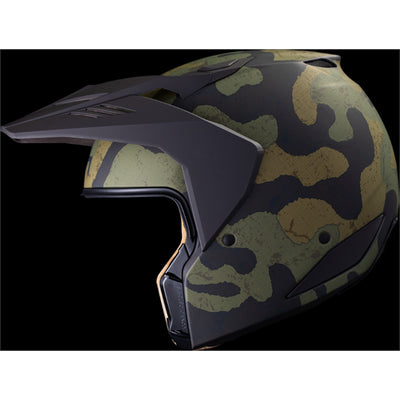 ICON Elsinore Magnacross Helmet Green - Left Side View with Dark Studio Background and Chin Bar with Faceshield Removed