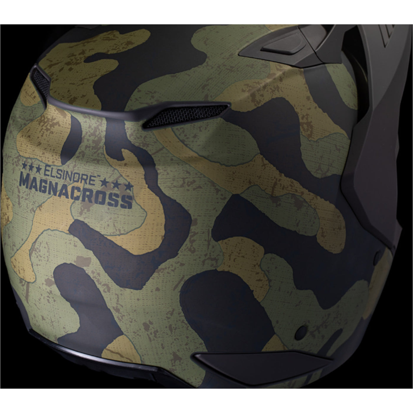 ICON Elsinore Magnacross Helmet Green - Close-Up of Rear Right Side Details