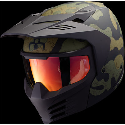 ICON Elsinore Magnacross Helmet Green - Front Left Side View with Dark Studio Background