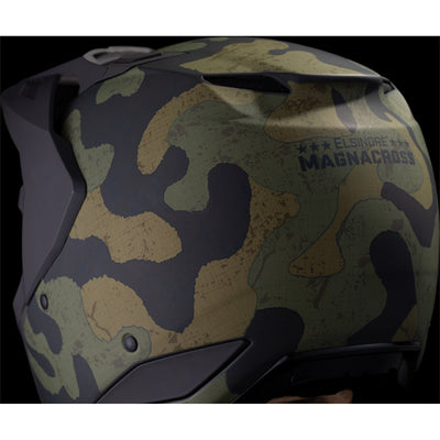 ICON Elsinore Magnacross Helmet Green - Close-Up of Rear Left Side Details