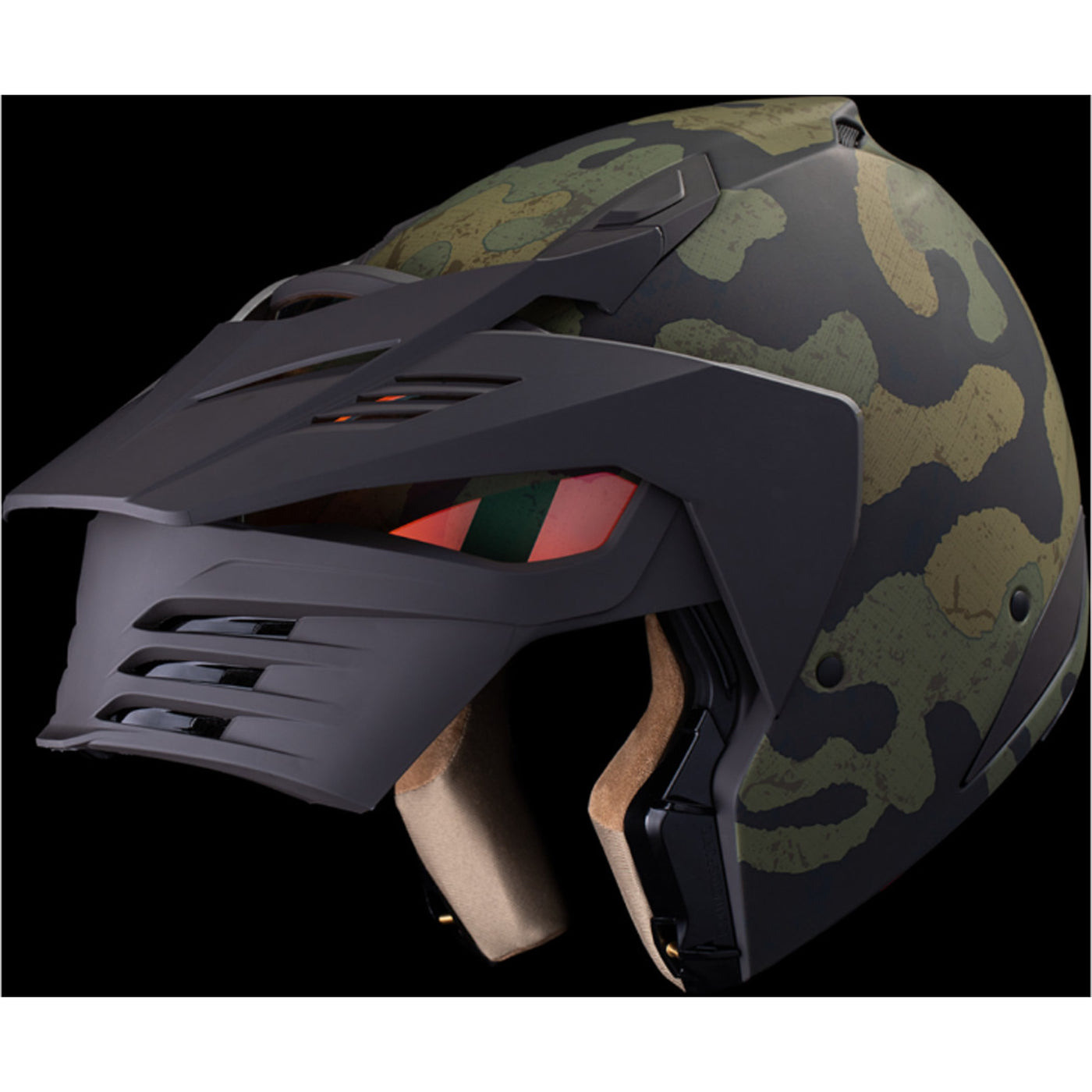 ICON Elsinore Magnacross Helmet Green - Front Left Side View with Dark Studio Background and Chin Bar Raised