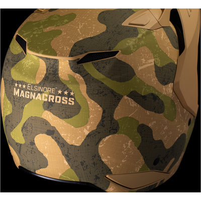 ICON Elsinore Magnacross Helmet Tan - Close-Up of Rear Right Side Details