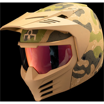 ICON Elsinore Magnacross Helmet Tan - Front Left Side View with Dark Studio Background