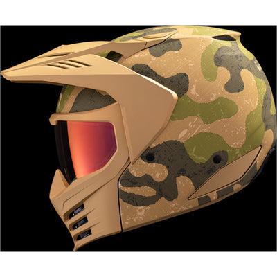 ICON Elsinore Magnacross Helmet Tan - Left Side View with Dark Studio Background