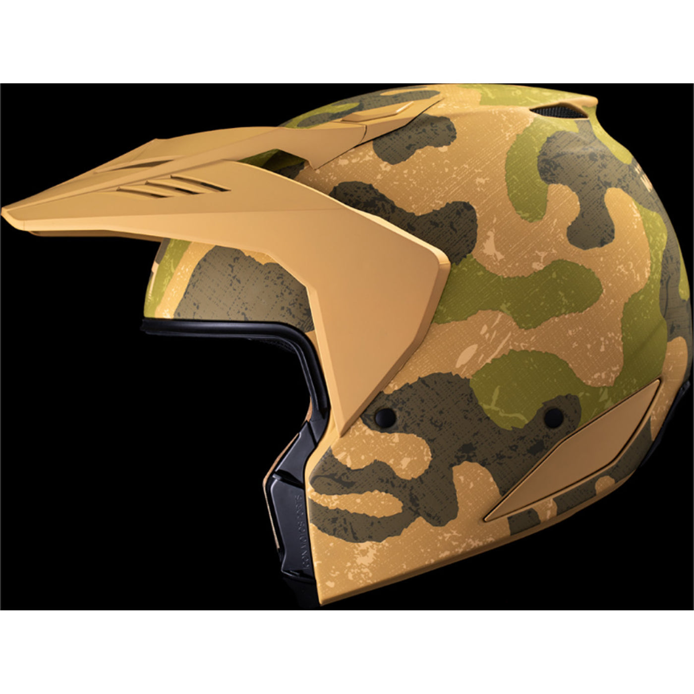 ICON Elsinore Magnacross Helmet Tan - Left Side View with Dark Studio Background and Chin Bar with Faceshield Removed