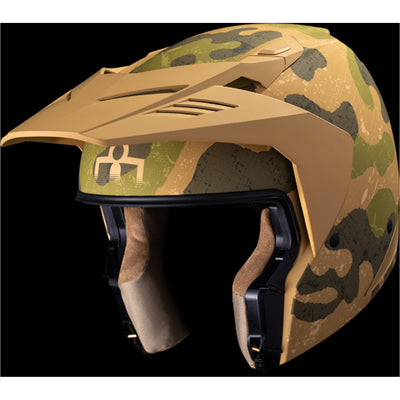 ICON Elsinore Magnacross Helmet Tan - Front Left Side View with Dark Studio Background and Chin Bar with Faceshield Removed