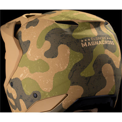 ICON Elsinore Magnacross Helmet Tan - Close-Up of Rear Left Side Details