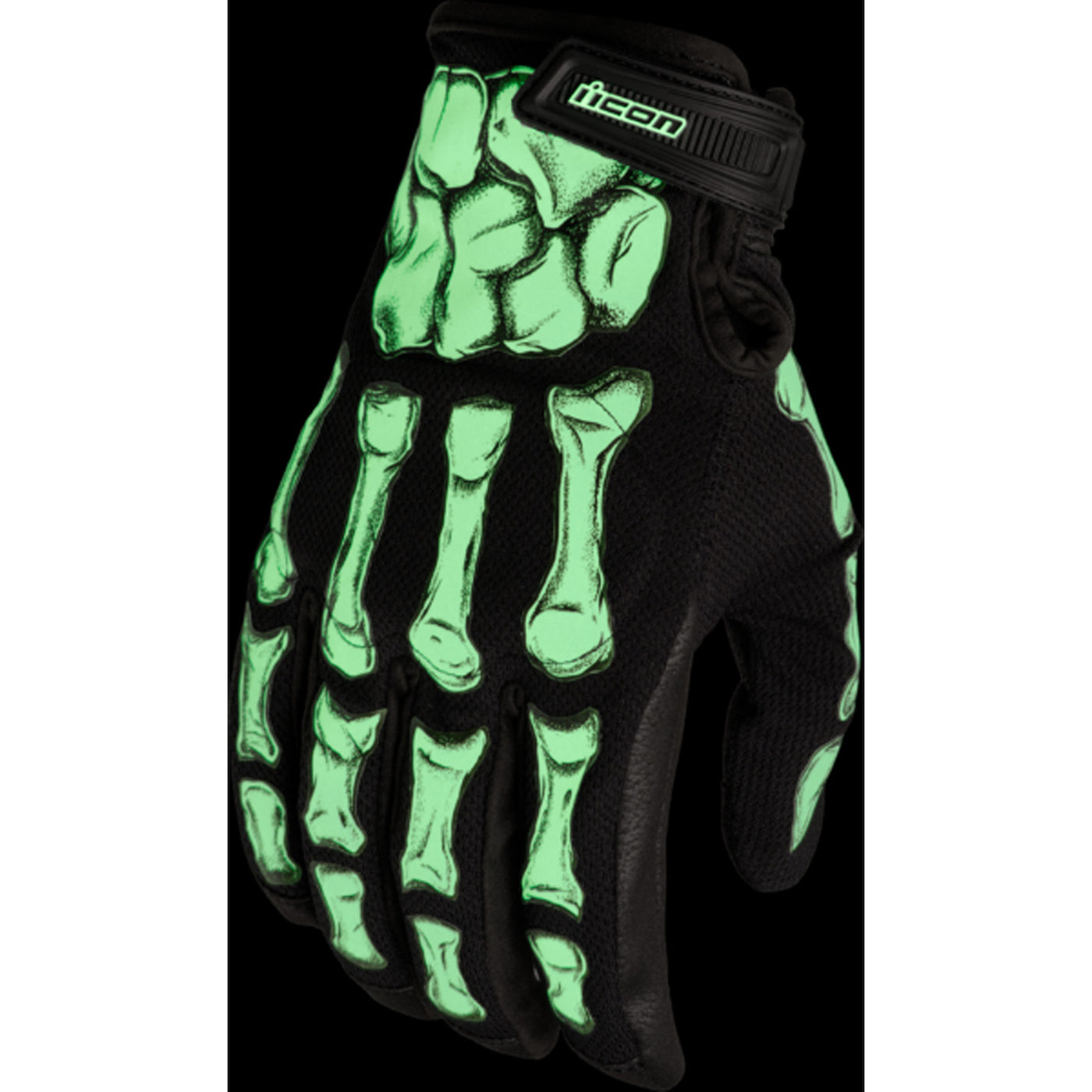 ICON Hooligan Crestfallen Gloves Black - Back of Hand View with Glow-in-the-Dark Graphics
