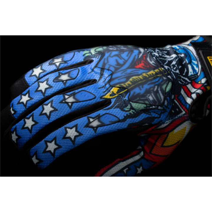 ICON Hooligan CE Flyboy Gloves Blue - Close-Up of Back of Hand