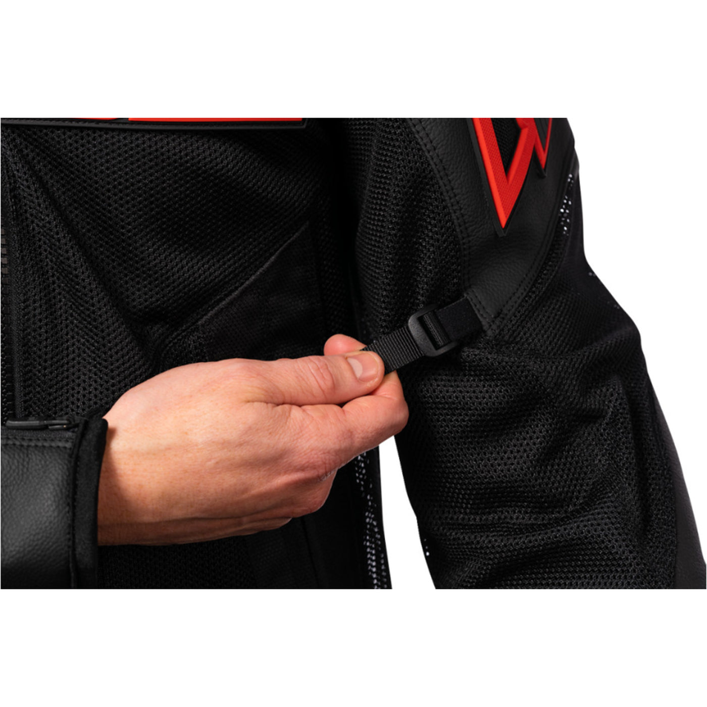 ICON Mesh AF Leather Jacket Slayer - Close-up of Arm Adjuster Strap