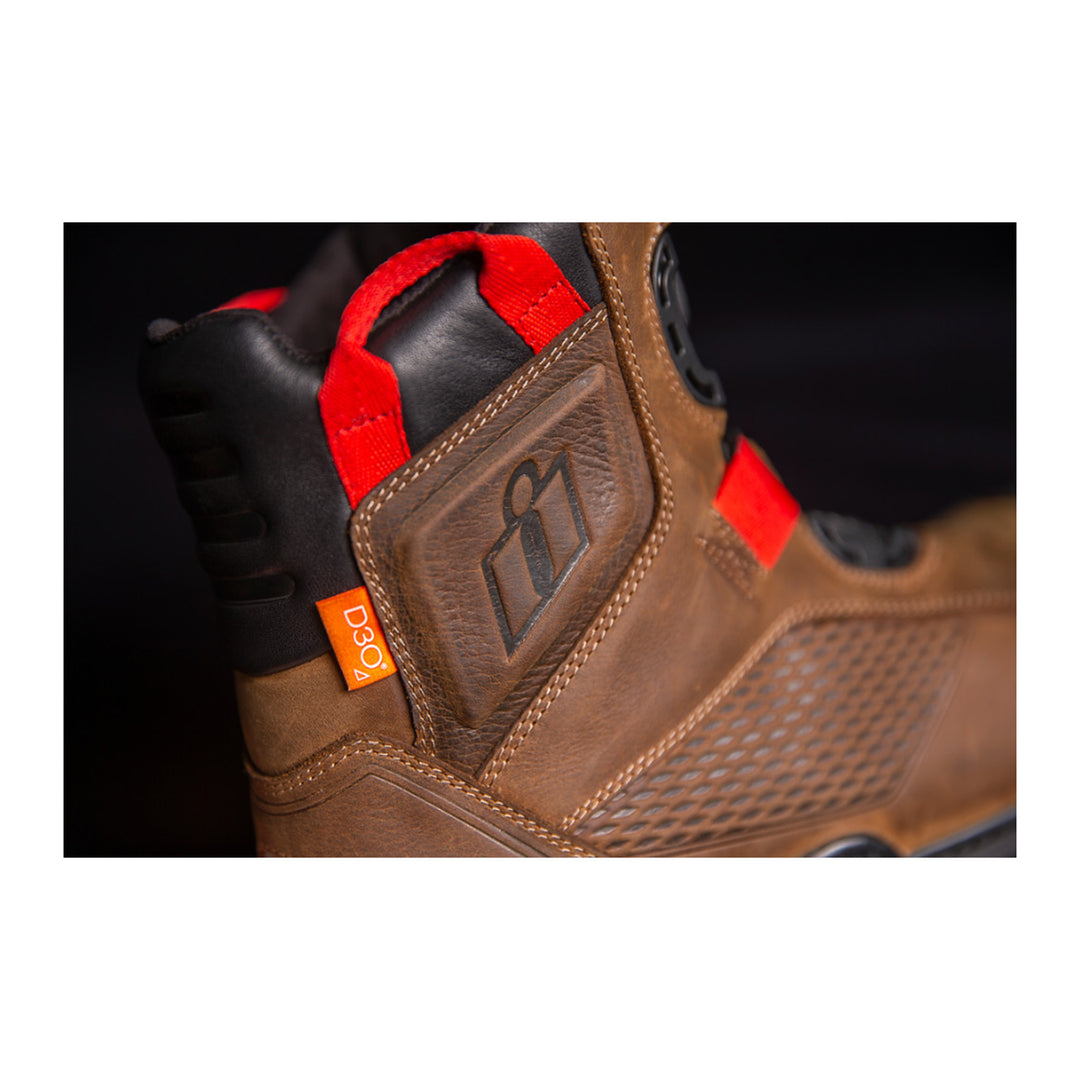 ICON Stormhawk Boots Brown - Close-Up of Ankle Protector with Logo Imprint