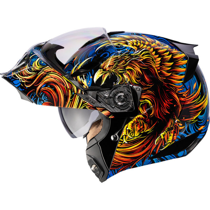 ICON Threshold Burn Birdie Burn Modular Helmet Blue - Left Side View with Chin Bar Raised